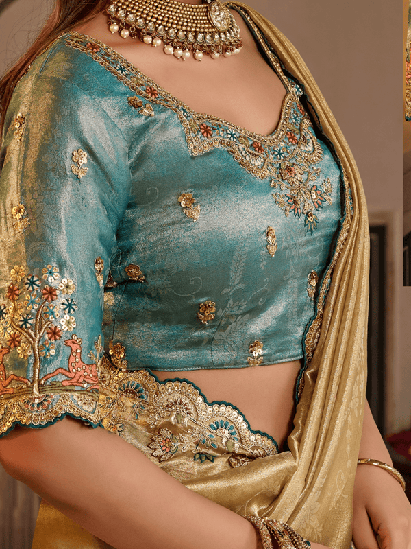 Light Gold Embroidered Designer Tissue Silk Saree
