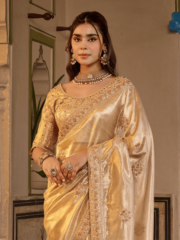 Light Gold Embroidered Designer Tissue Silk Saree