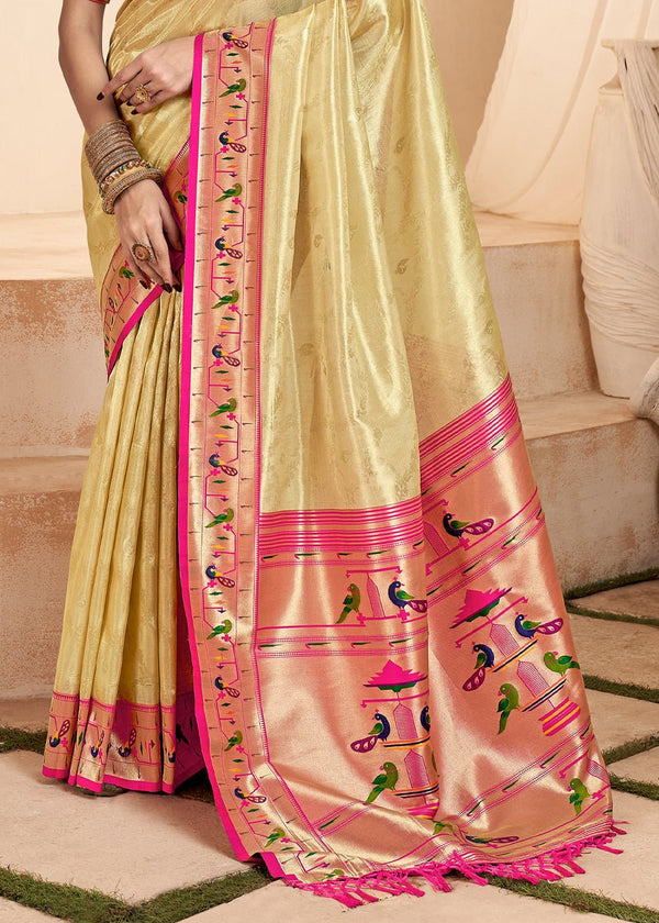 Light Gold Paithani Tissue Silk Saree