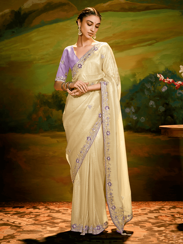 Light Gold Tissue Silk Designer Saree with Embroidery