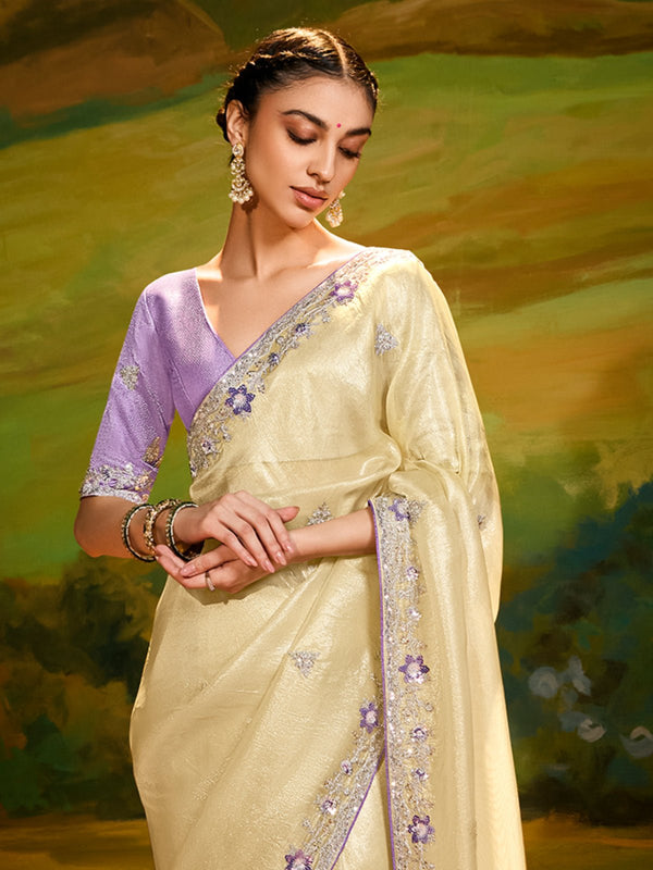 Light Gold Tissue Silk Designer Saree with Embroidery