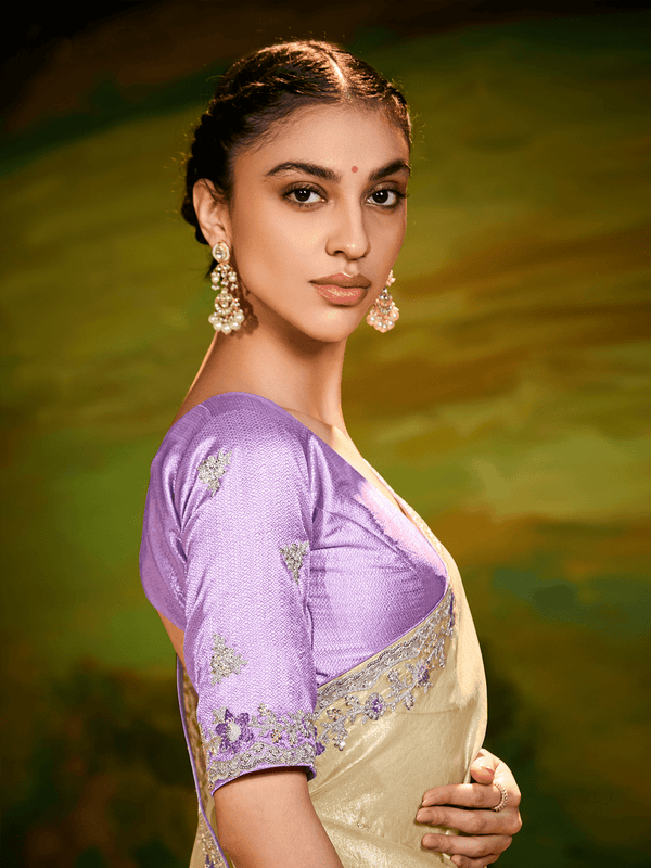 Light Gold Tissue Silk Designer Saree with Embroidery
