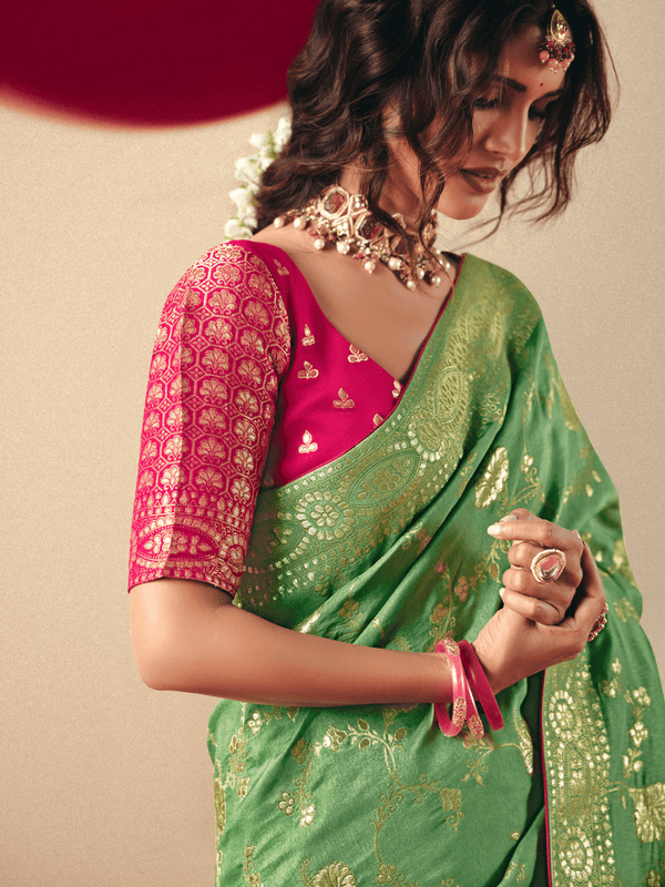 Light Green Banarasi Silk Saree With Contrast Blouse
