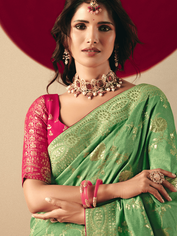 Light Green Banarasi Silk Saree With Contrast Blouse