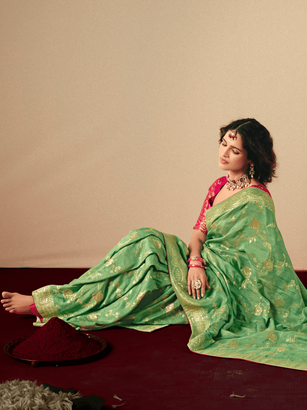 Light Green Banarasi Silk Saree With Contrast Blouse