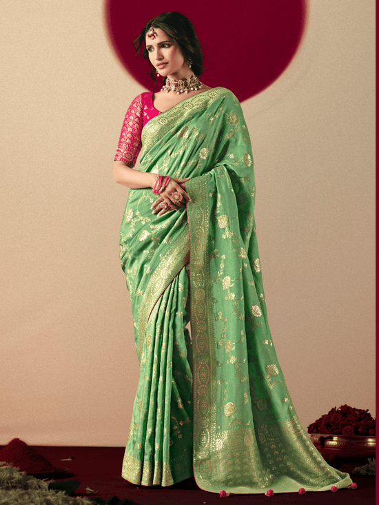 Light Green Banarasi Silk Saree With Contrast Blouse