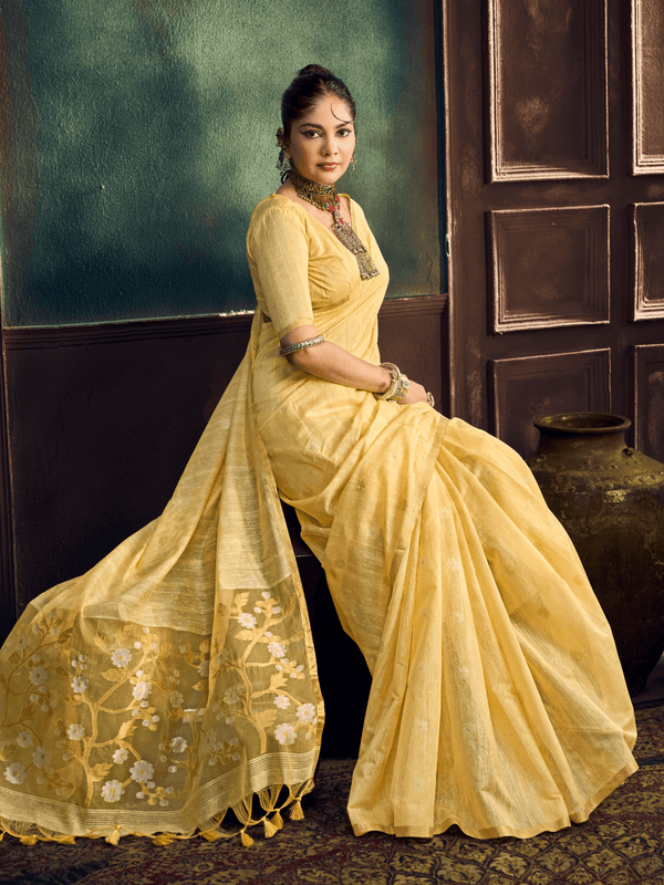 Light Yellow Handloom Jamdani Slub Cotton Saree