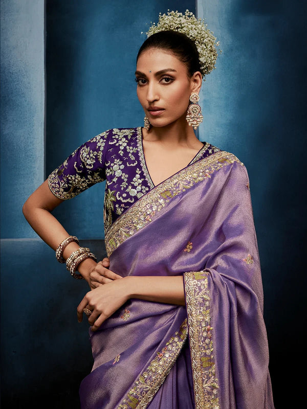 Lilac Designer Silk Saree with Contrast Deep Purple Blouse