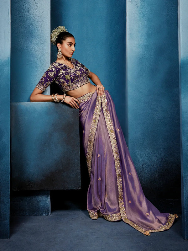Lilac Designer Silk Saree with Contrast Deep Purple Blouse