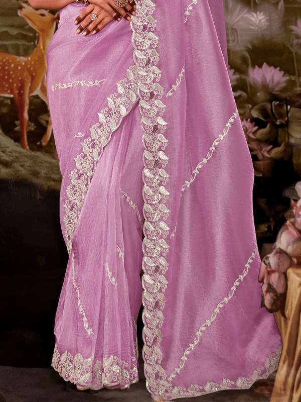 Lilac Embroidered Designer Organza Silk Saree