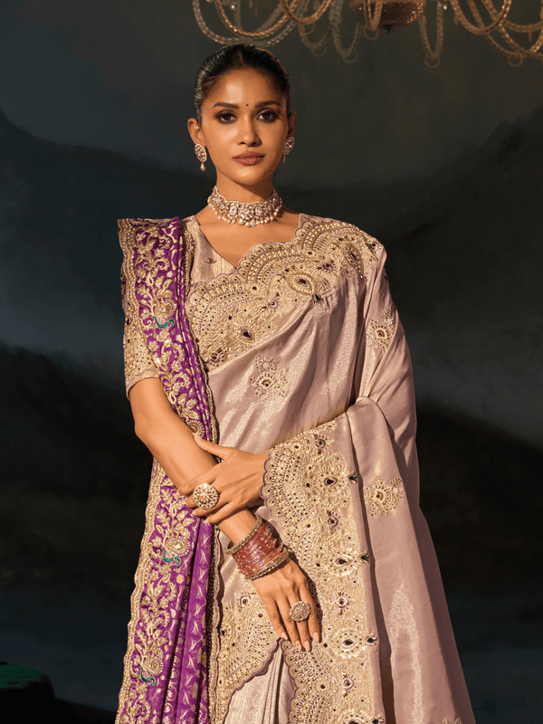 Lilac Embroidered Designer Tissue Silk Saree
