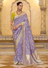 Lilac Lavender Banarasi Crepe Silk Saree with Parrot Green Contrast Blouse