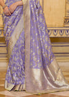 Lilac Lavender Banarasi Crepe Silk Saree with Parrot Green Contrast Blouse
