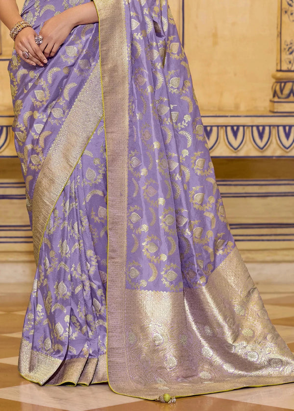 Lilac Lavender Banarasi Crepe Silk Saree with Parrot Green Contrast Blouse