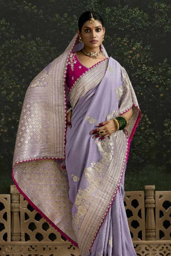 Lilac Purple Designer Banarasi Dola Silk Saree With Golden Zari Work