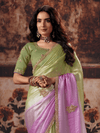 Lilac Purple Embroidered Designer Satin Silk Saree With Contrast Blouse