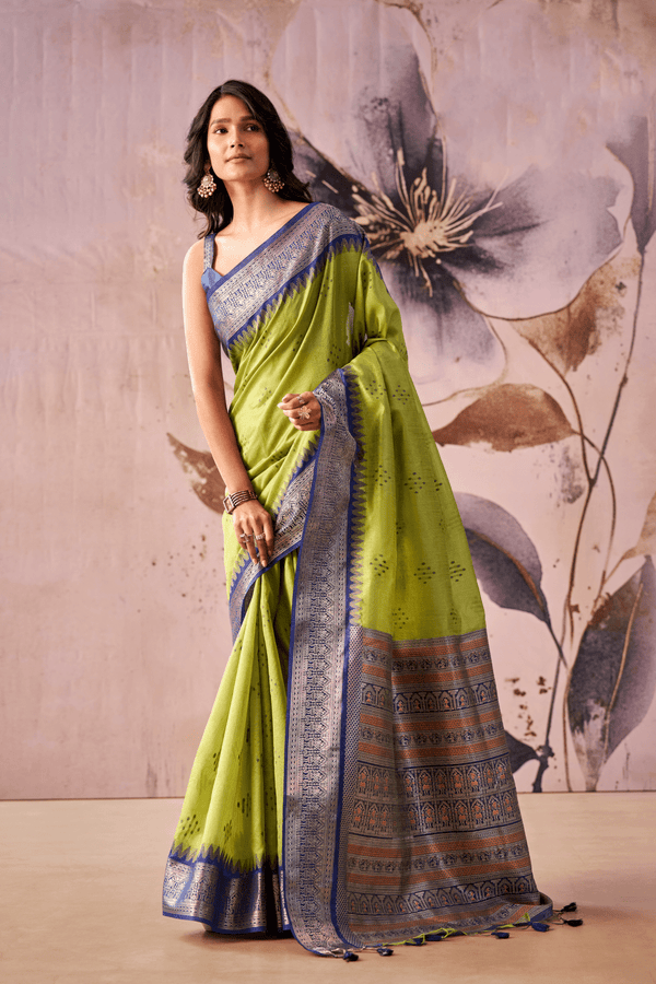 Lime Green Banarasi Cotton Silk Saree