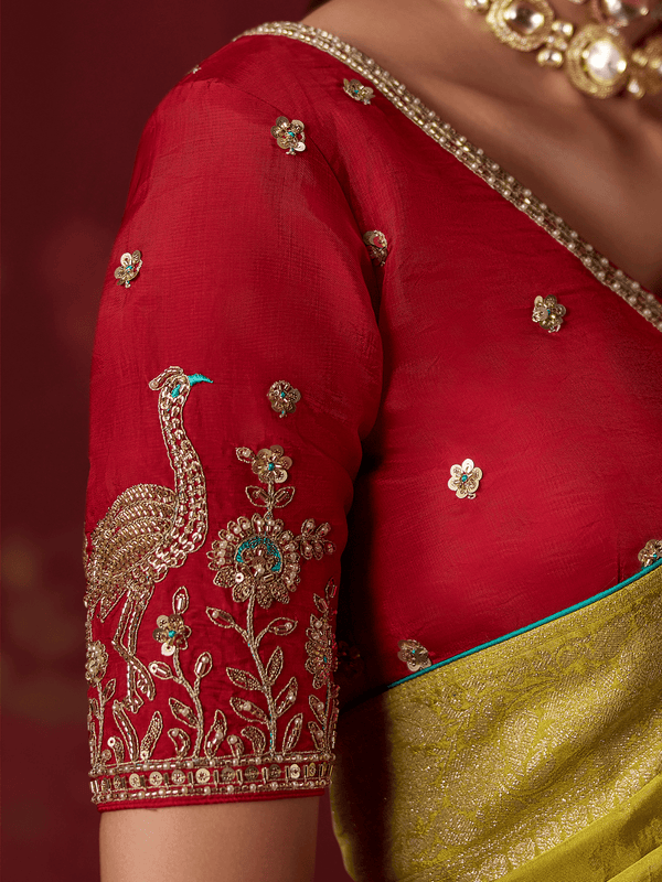 Lime Green Banarasi Dola Silk Saree With Contrast Blouse