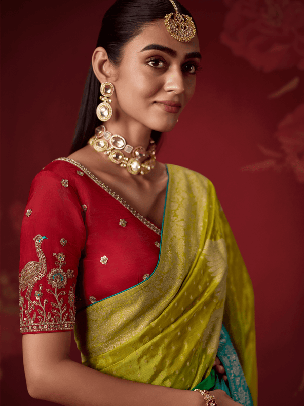 Lime Green Banarasi Dola Silk Saree With Contrast Blouse