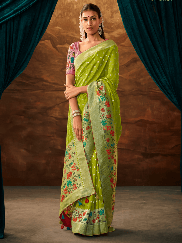 Lime Green Banarasi Organza Silk Saree With Contrast Blouse