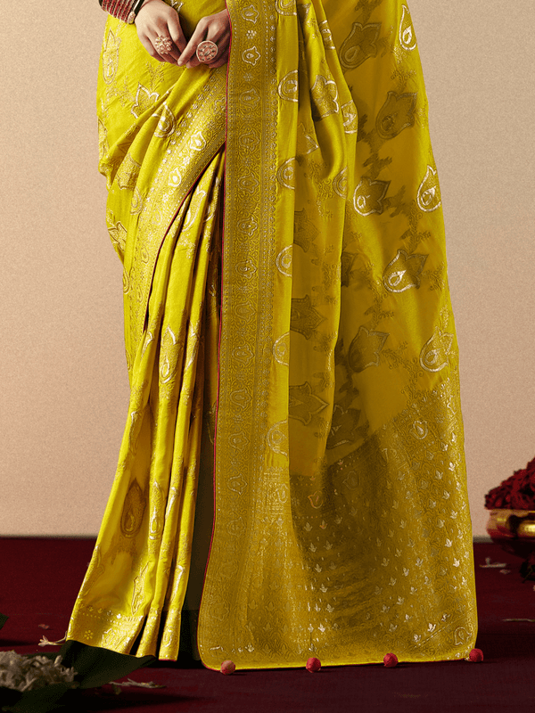 Lime Green Banarasi Silk Saree With Contrast Blouse