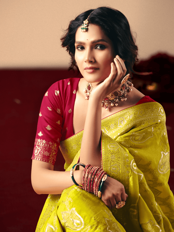 Lime Green Banarasi Silk Saree With Contrast Blouse