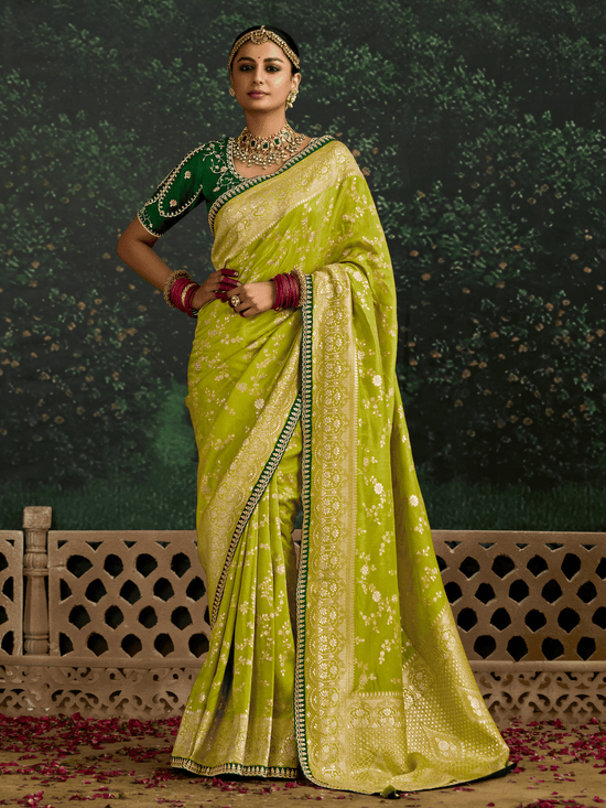 Lime Green Designer Banarasi Dola Silk Saree With Golden Zari Work