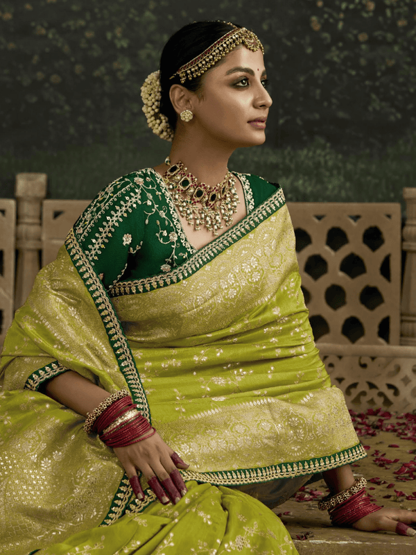 Lime Green Designer Banarasi Dola Silk Saree With Golden Zari Work