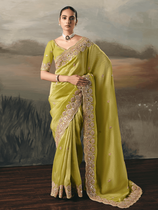 Lime Green Embroidered Designer Organza Silk Saree
