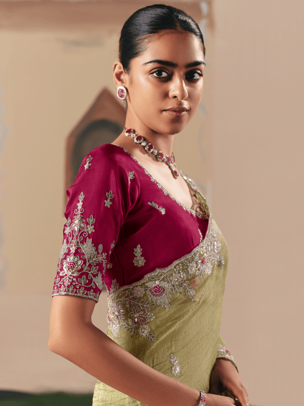 Lime Green Organza Silk Saree