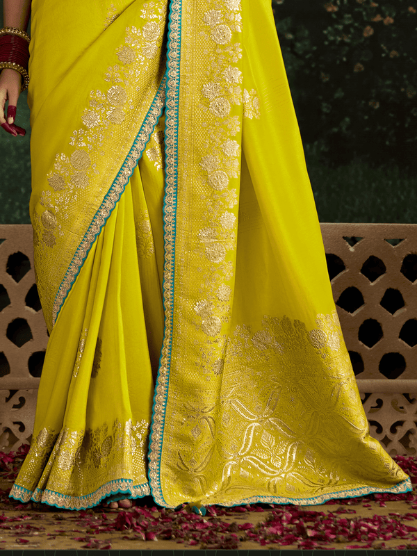 Lime Yellow Designer Banarasi Dola Silk Saree With Golden Zari