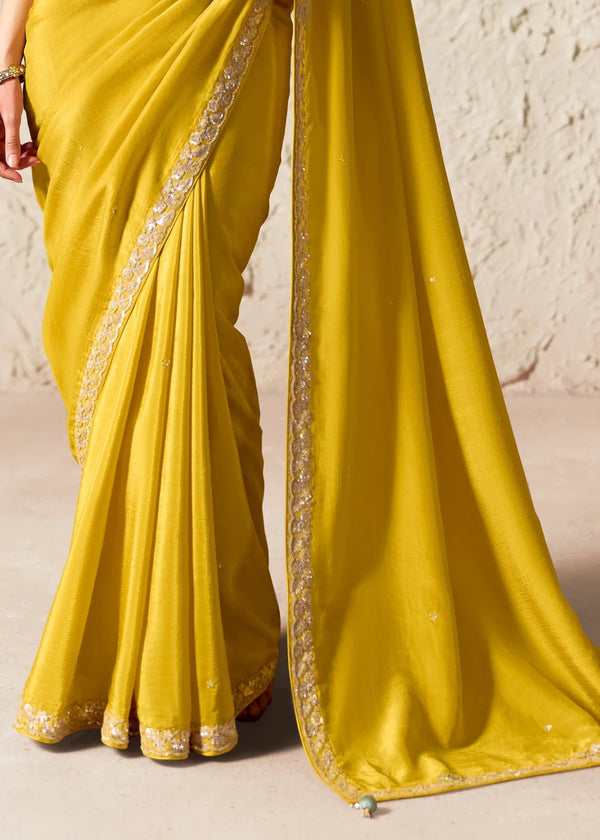 Lime Yellow Designer Organza Tissue Silk Saree With Printed Blouse