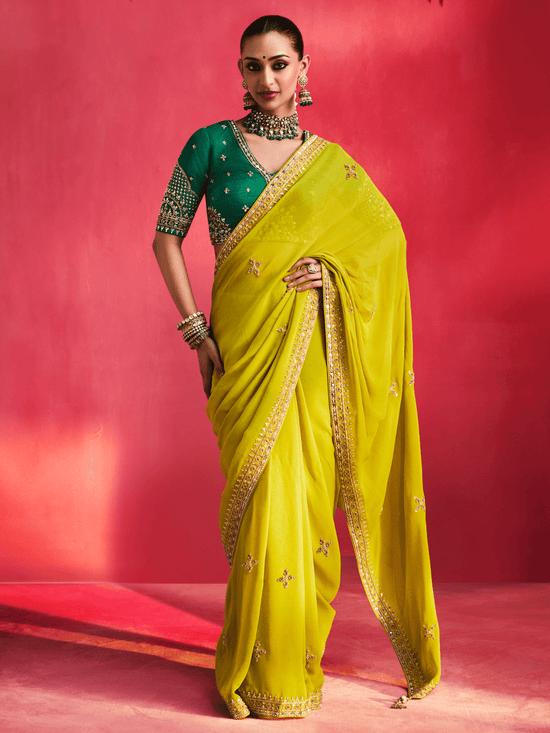 Lime Yellow Embroidered Designer Satin Silk Saree With Contrast Blouse