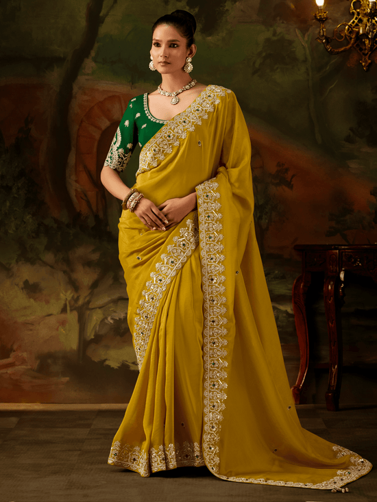 Lime Yellow Embroidered Designer Tissue Silk Saree With Contrast Blouse