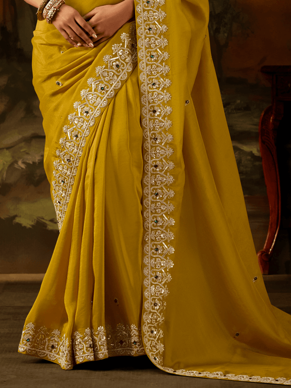 Lime Yellow Embroidered Designer Tissue Silk Saree With Contrast Blouse
