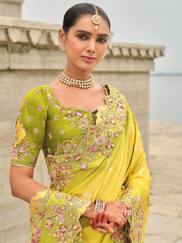 Lime Yellow Embroidery Designer Silk Saree
