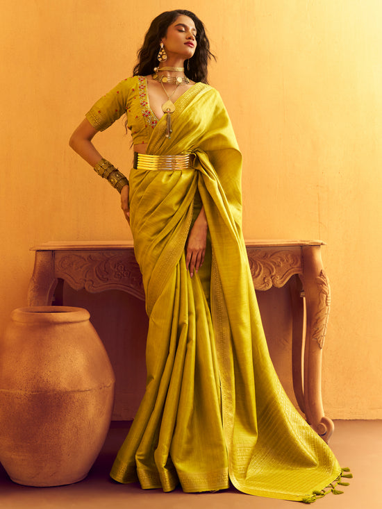 Lime Yellow Woven Designer Tussar Silk Saree