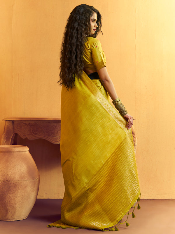 Lime Yellow Woven Designer Tussar Silk Saree, back view