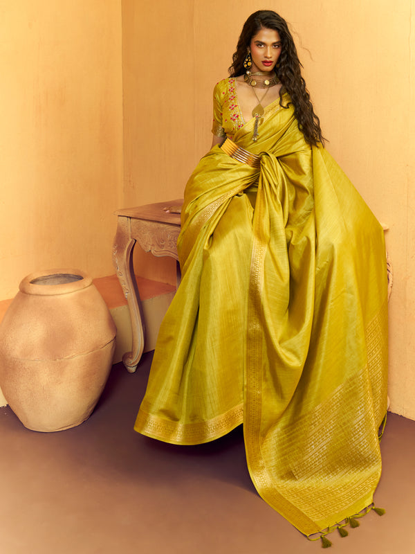 Lime Yellow Woven Designer Tussar Silk Saree