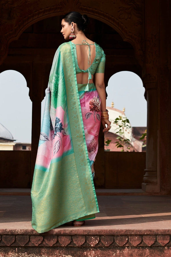 Lotus Pink And Green Banarasi Digital Printed Saree