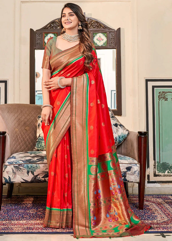 Luminous Red Woven Paithani Soft Silk Saree