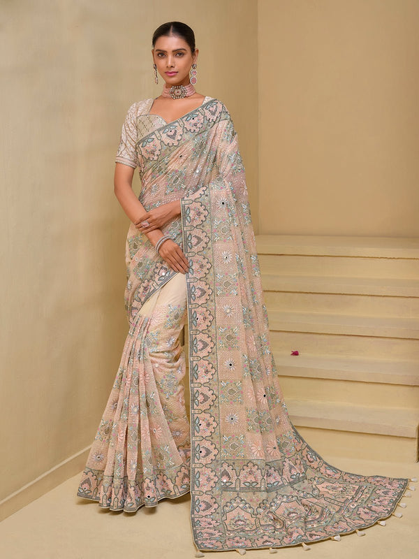 Luxe Cream Banarasi Silk Saree With Grand Embroidery