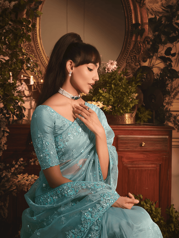 Luxe Teal Organza Silk Saree