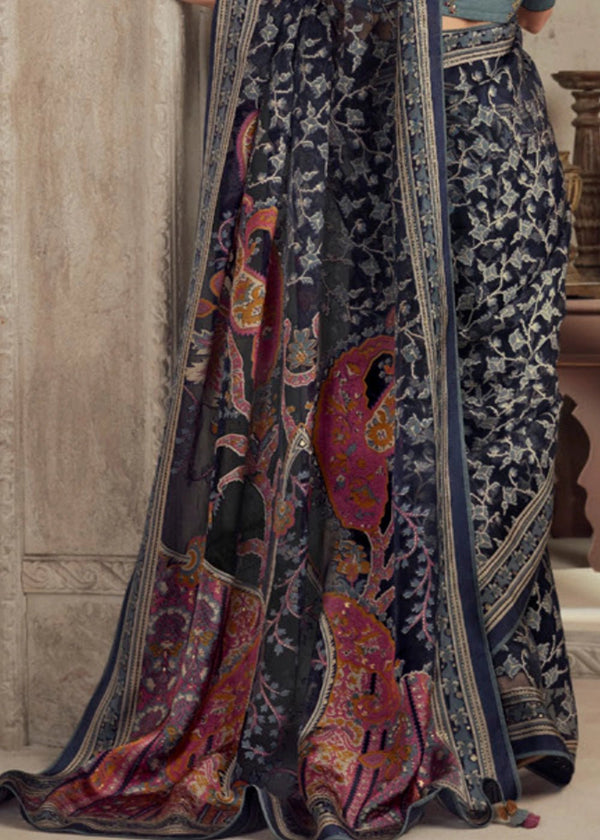 Luxurious Gunmetal Blue Printed Brasso Organza Saree