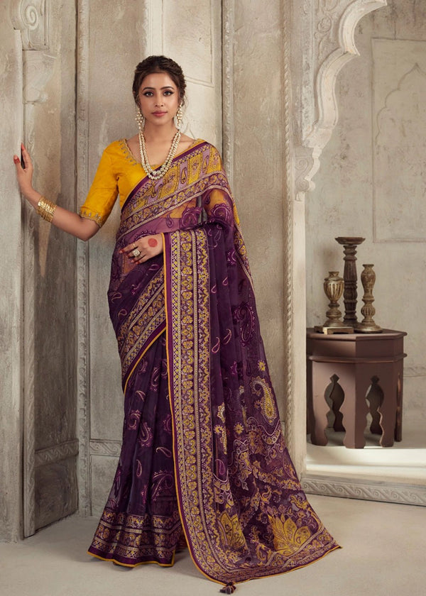 Luxurious Imperial Violet Printed Brasso Organza Saree