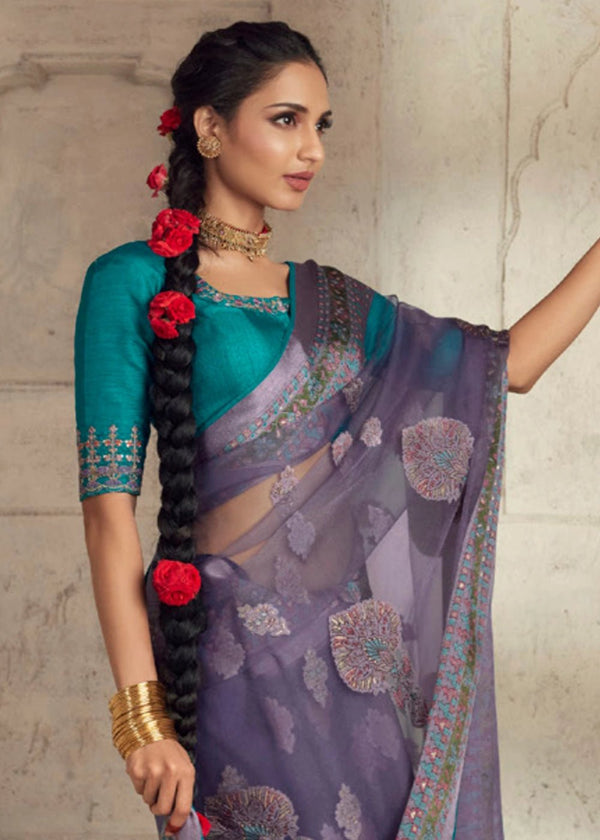Luxurious Lavender Printed Brasso Organza Saree