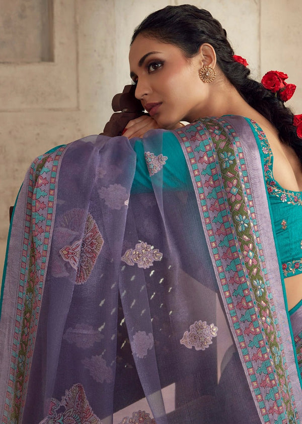 Luxurious Lavender Printed Brasso Organza Saree