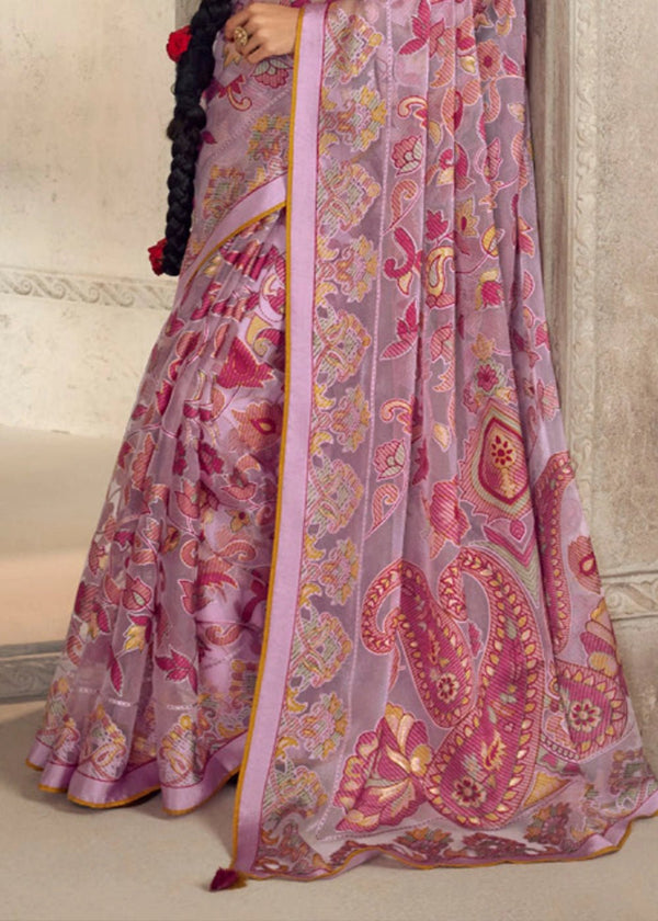 Luxurious Pink Lavender Printed Brasso Organza Saree