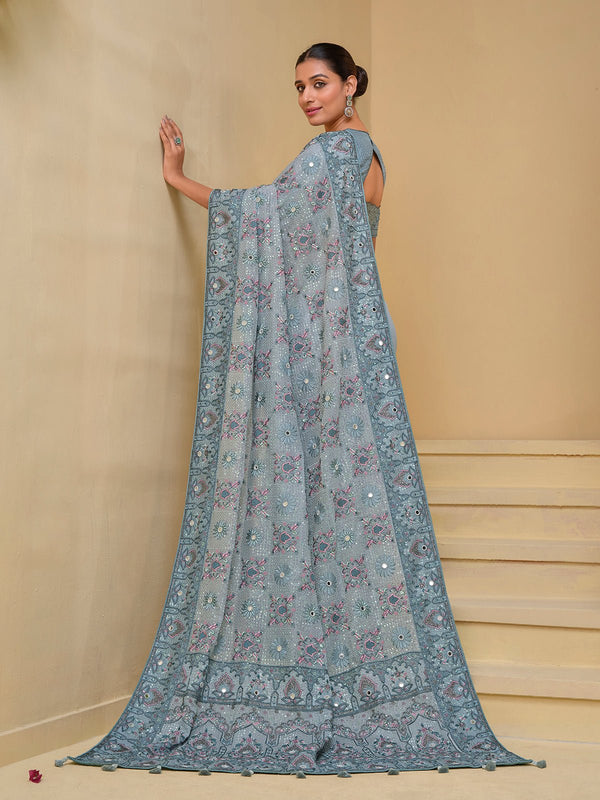 Luxury Grey Banarasi Silk Saree With Grand Embroidery
