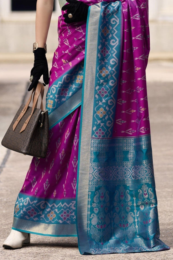 Magenta Banarasi Silk Saree With Peacock Blue Zari Border